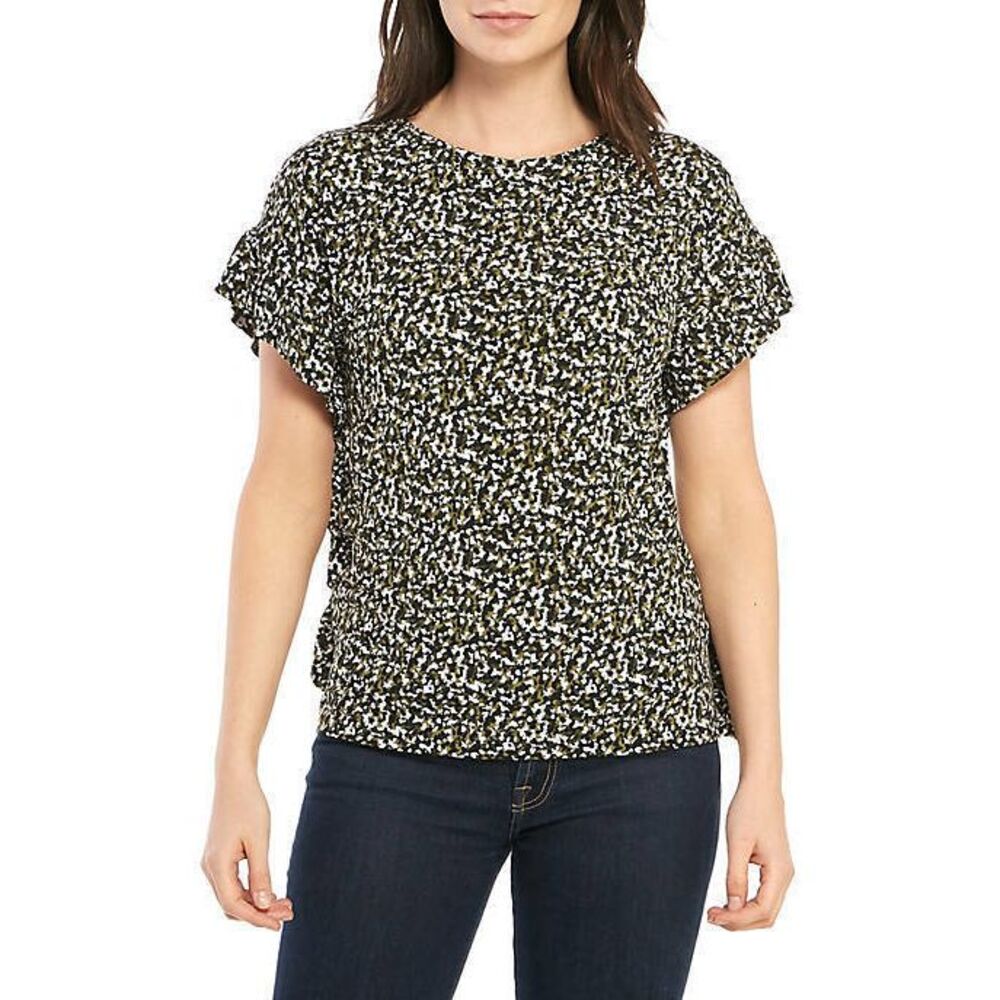 NEW Michael Kors‎ Ruffle Knit Camo Top Sz M Shirt,Blouse Black,White,Olive Green